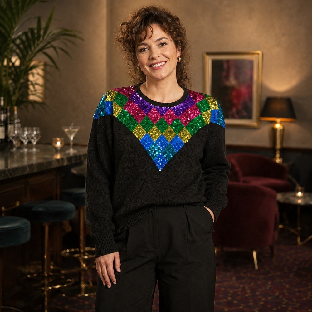 Vintage 80s Work in Progress Gladys Bagley Sequin Harlequin Sweater L Black Silk
